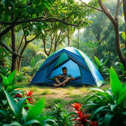 A serene scene depicting a single person camping in a lush green jungle