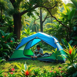 A serene scene depicting a single person camping in a lush green jungle