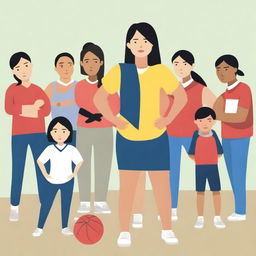 A high-resolution vector art, illustrating the struggles of an Asian female physical education teacher when teaching or coaching dangerous illegal immigrants from diverse ethnic backgrounds who cannot understand the English language and are having difficulty grasping concepts