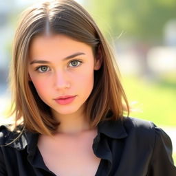 A beautiful girl with fair skin, captivating dark brown eyes, and reddish pink lips