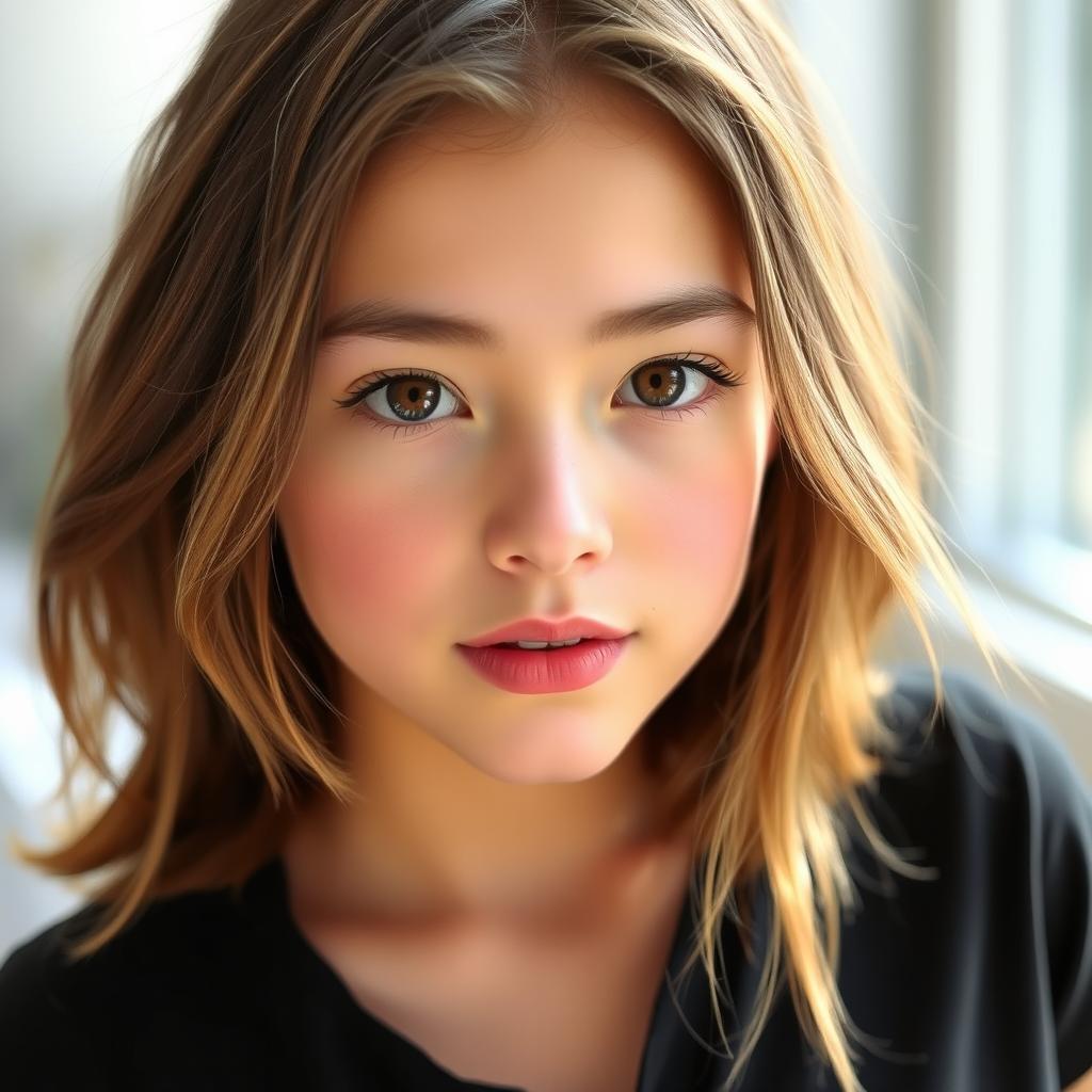 A beautiful girl with fair skin, captivating dark brown eyes, and reddish pink lips