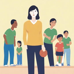 A high-resolution vector art, illustrating the struggles of an Asian female physical education teacher when teaching or coaching dangerous illegal immigrants from diverse ethnic backgrounds who cannot understand the English language and are having difficulty grasping concepts