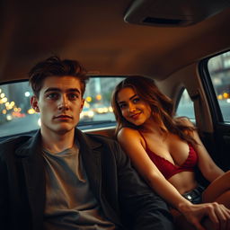 A handsome young white man with an expressive face sitting in the back of a taxi, looking contemplative and a bit sad