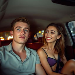 A handsome young white man with an expressive face sitting in the back of a taxi, looking contemplative and a bit sad