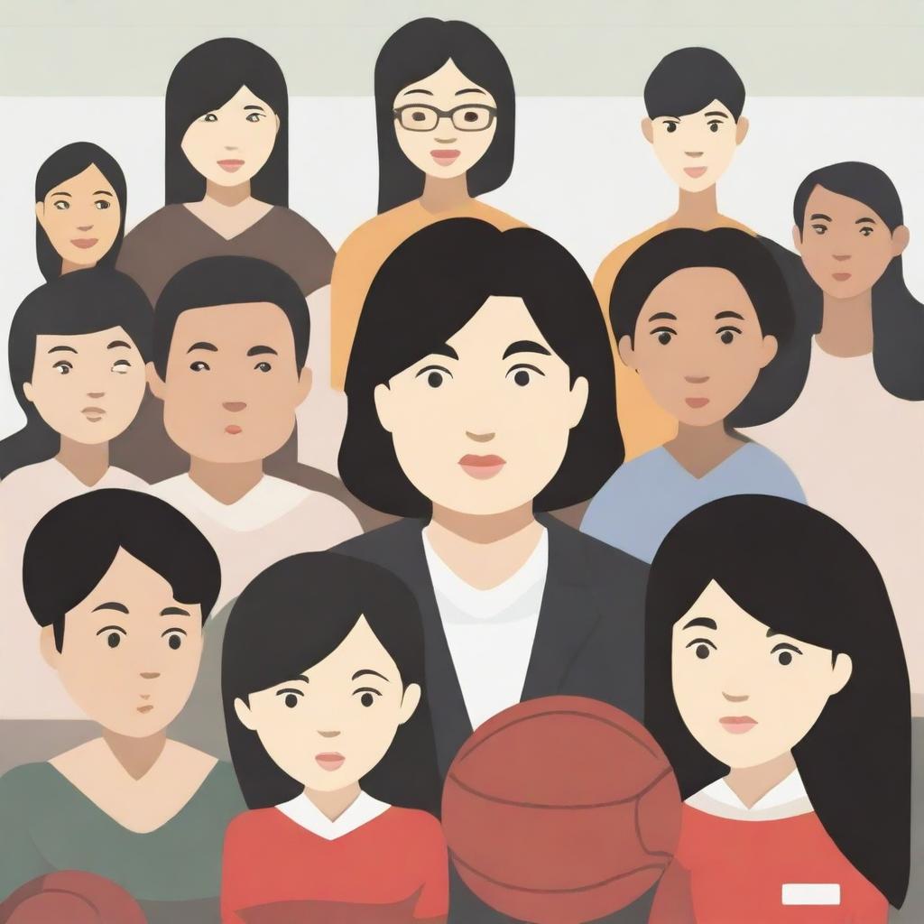 A high-resolution vector art, illustrating the struggles of an Asian female physical education teacher when teaching or coaching dangerous illegal immigrants from diverse ethnic backgrounds who cannot understand the English language and are having difficulty grasping concepts