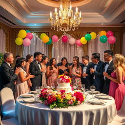 A grand celebration scene without a cake, featuring a beautifully decorated table filled with vibrant flowers and elegant tableware