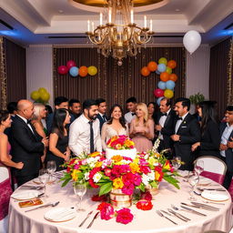 A grand celebration scene without a cake, featuring a beautifully decorated table filled with vibrant flowers and elegant tableware