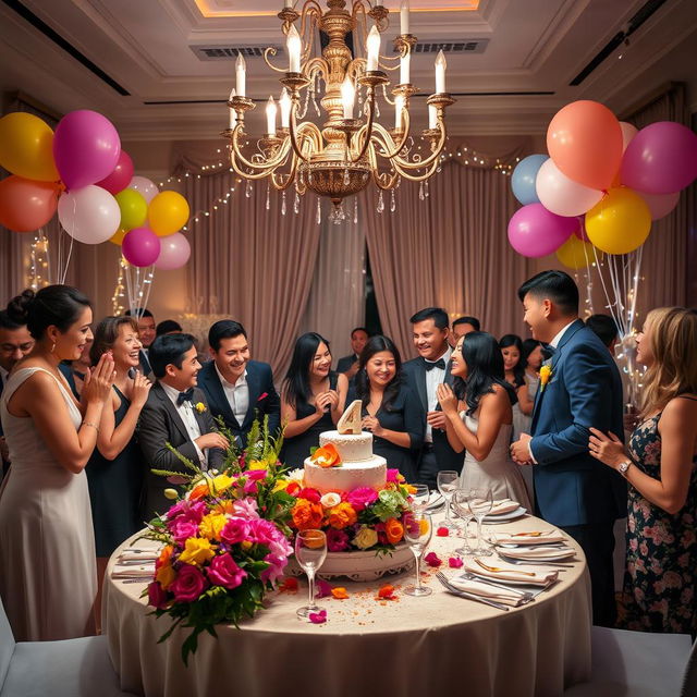 A grand celebration scene without a cake, featuring a beautifully decorated table filled with vibrant flowers and elegant tableware