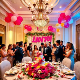 A grand celebration scene without a cake, featuring a beautifully decorated table filled with vibrant flowers and elegant tableware