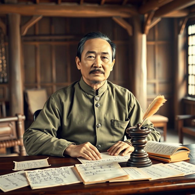 A historically styled portrait of Ho Chi Minh, dressed in traditional Vietnamese attire reminiscent of the early 20th century, sitting at a wooden desk with an ink pot and quill