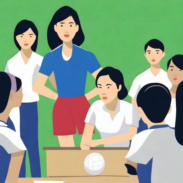 A high-resolution vector art, illustrating the struggles of an Asian female physical education teacher when teaching or coaching dangerous illegal immigrants from diverse cultural backgrounds who cannot understand the English language and are having difficulty grasping concepts