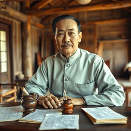 A historically styled portrait of Ho Chi Minh, dressed in traditional Vietnamese attire reminiscent of the early 20th century, sitting at a wooden desk with an ink pot and quill