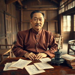 A historically styled portrait of Ho Chi Minh, dressed in traditional Vietnamese attire reminiscent of the early 20th century, sitting at a wooden desk with an ink pot and quill