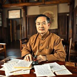 A historically styled portrait of Ho Chi Minh, dressed in traditional Vietnamese attire reminiscent of the early 20th century, sitting at a wooden desk with an ink pot and quill