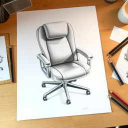 A large, detailed, 3D drawing of an ergonomic chair created on an A3 sheet of paper