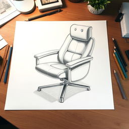 A large, detailed, 3D drawing of an ergonomic chair created on an A3 sheet of paper