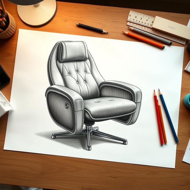 A large, detailed, 3D drawing of an ergonomic chair created on an A3 sheet of paper