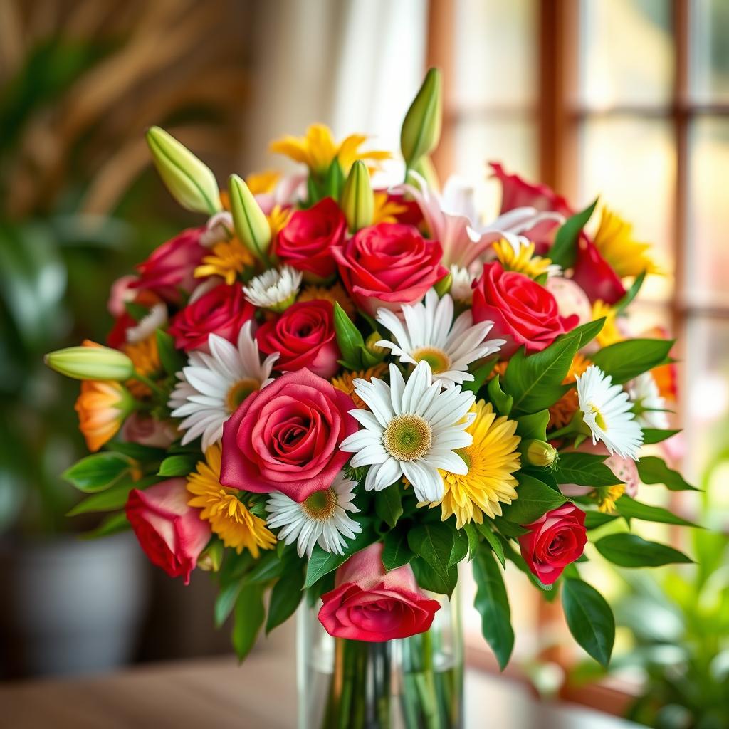 A beautiful, vibrant bouquet of various flowers including roses, lilies, and daisies, delicately arranged in a glass vase