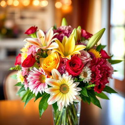 A beautiful, vibrant bouquet of various flowers including roses, lilies, and daisies, delicately arranged in a glass vase