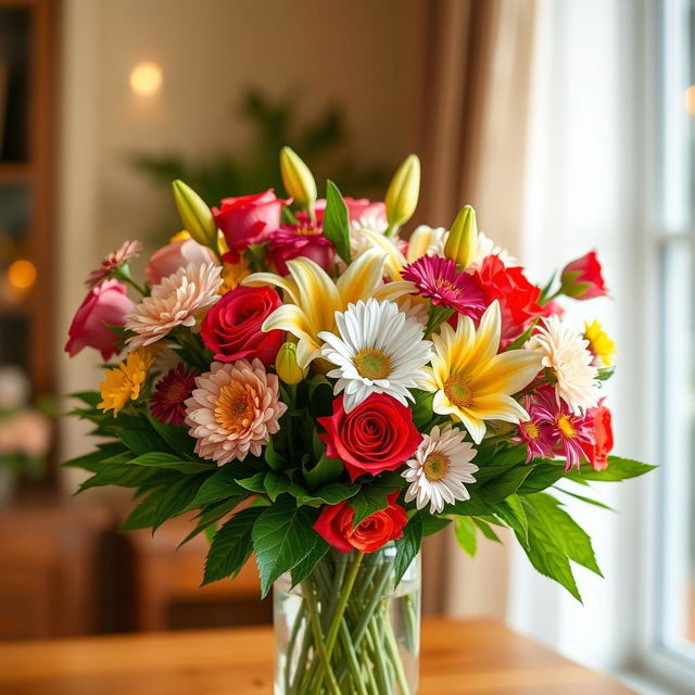 A beautiful, vibrant bouquet of various flowers including roses, lilies, and daisies, delicately arranged in a glass vase