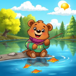 A cartoon bear wearing a cozy, colorful sweater, happily sitting on the edge of a serene lake, holding a fishing rod in its paws