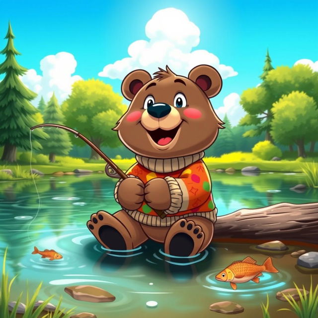 A cartoon bear wearing a cozy, colorful sweater, happily sitting on the edge of a serene lake, holding a fishing rod in its paws