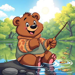 A cartoon bear wearing a cozy, colorful sweater, happily sitting on the edge of a serene lake, holding a fishing rod in its paws