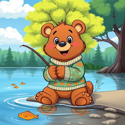 A cartoon bear wearing a cozy, colorful sweater, happily sitting on the edge of a serene lake, holding a fishing rod in its paws
