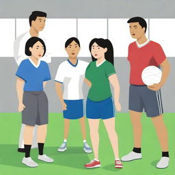 A high-resolution vector art, illustrating the struggles of an Asian female physical education teacher when teaching or coaching dangerous illegal immigrants from diverse cultural backgrounds who cannot understand the English language and are having difficulty grasping concepts