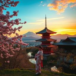 A picturesque view in Japan, featuring iconic elements such as cherry blossoms in full bloom, traditional wooden pagodas, and serene landscapes with serene mountains in the background