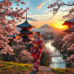 A picturesque view in Japan, featuring iconic elements such as cherry blossoms in full bloom, traditional wooden pagodas, and serene landscapes with serene mountains in the background