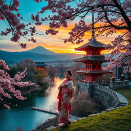 A picturesque view in Japan, featuring iconic elements such as cherry blossoms in full bloom, traditional wooden pagodas, and serene landscapes with serene mountains in the background