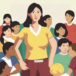 A high-resolution vector art, illustrating the struggles of an Asian female physical education teacher when teaching or coaching dangerous illegal immigrants, especially from Mexico, who are from diverse cultural backgrounds, cannot understand English, and are having difficulty grasping concepts