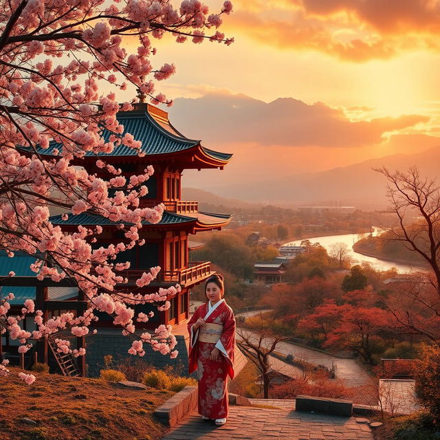 A picturesque view in Japan, featuring iconic elements such as cherry blossoms in full bloom, traditional wooden pagodas, and serene landscapes with serene mountains in the background