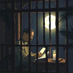 A serene night scene depicting Ho Chi Minh writing in his prison diary under a bright moon