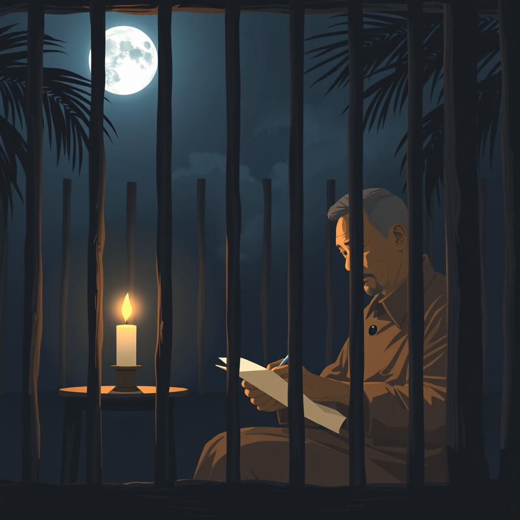 A serene night scene depicting Ho Chi Minh writing in his prison diary under a bright moon