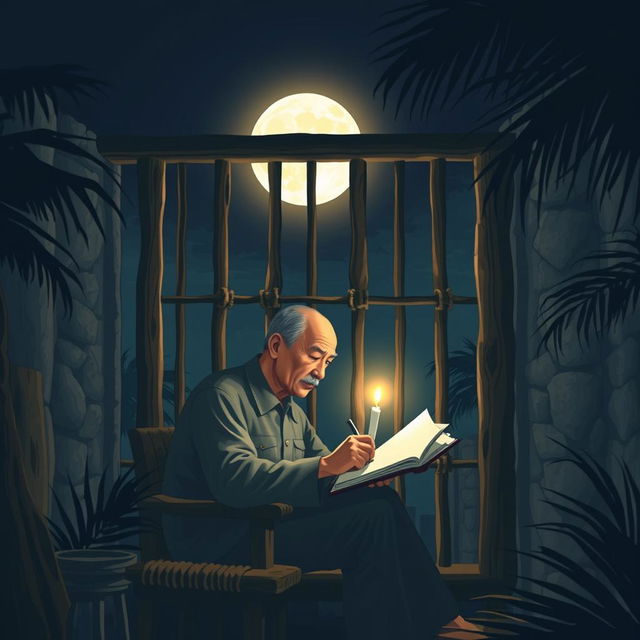 A serene night scene depicting Ho Chi Minh writing in his prison diary under a bright moon