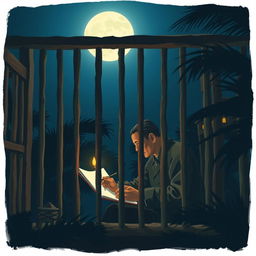 A serene night scene depicting Ho Chi Minh writing in his prison diary under a bright moon