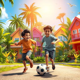 A vibrant scene depicting two young boys, Jasper and his friend, energetically playing football on a lively street located behind a row of colorful houses