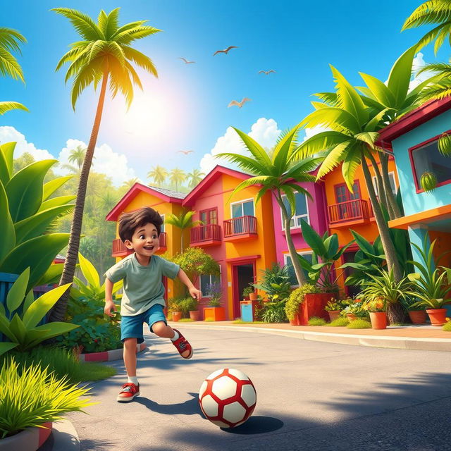 A vibrant scene depicting two young boys, Jasper and his friend, energetically playing football on a lively street located behind a row of colorful houses