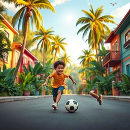 A vibrant scene depicting two young boys, Jasper and his friend, energetically playing football on a lively street located behind a row of colorful houses