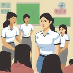 A high-resolution vector art, illustrating the struggles of an Asian female physical education teacher when teaching or coaching dangerous illegal immigrants, especially from Mexico, who are from diverse cultural backgrounds, cannot understand English, and are having difficulty grasping concepts