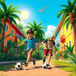 A vibrant scene depicting two young boys, Jasper and his friend, energetically playing football on a lively street located behind a row of colorful houses