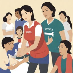 A high-resolution vector art, illustrating the struggles of an Asian female physical education teacher when teaching or coaching dangerous illegal immigrants, especially from Mexico, who are from diverse cultural backgrounds, cannot understand English, and are having difficulty grasping concepts