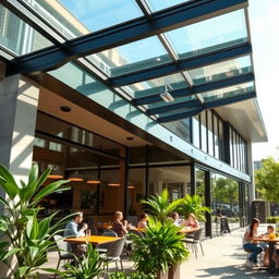 A stylish café and modern house with toughened glass roofing, showcasing an innovative design that emphasizes transparency and light