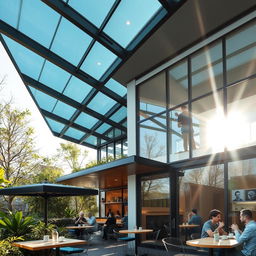 A stylish café and modern house with toughened glass roofing, showcasing an innovative design that emphasizes transparency and light
