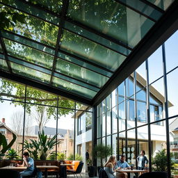 A stylish café and modern house with toughened glass roofing, showcasing an innovative design that emphasizes transparency and light