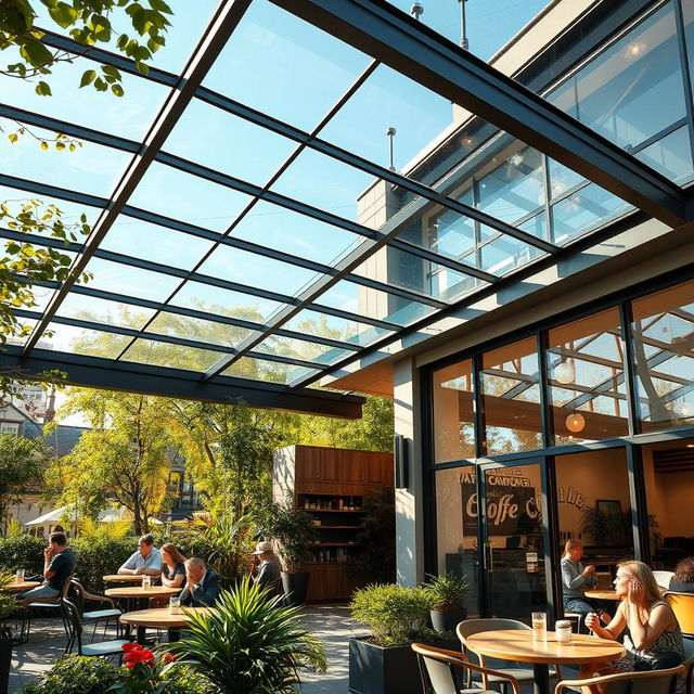 A stylish café and modern house with toughened glass roofing, showcasing an innovative design that emphasizes transparency and light