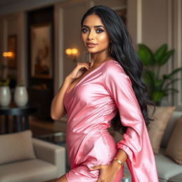 A stunning Mallu (Malayali) woman wearing a luxurious pink satin silk outfit that elegantly drapes over her figure, accentuating her curves