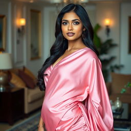 A stunning Mallu (Malayali) woman wearing a luxurious pink satin silk outfit that elegantly drapes over her figure, accentuating her curves